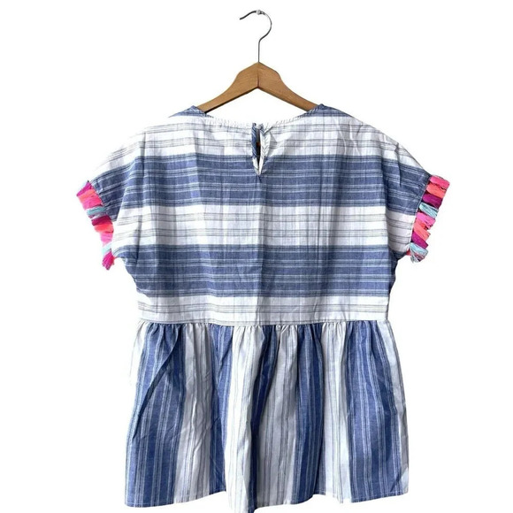 NWT ANDREE BY UNIT S BABYDOLL TOP STRIPE COTTON COLOR BLOCK BOHO POM POM TASSEL - Picture 3 of 4